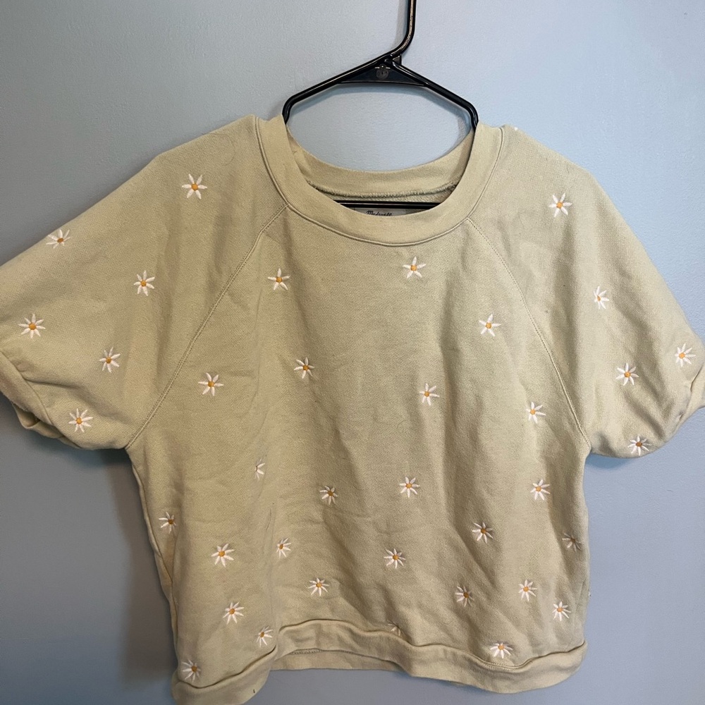 Light Green Cropped Shirt with Embroidered Flowers